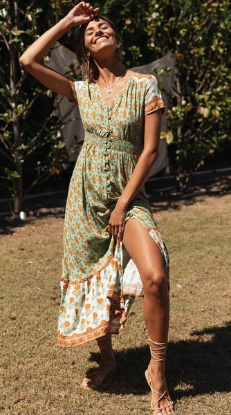 Green Floral Bohemia Button-Down Dress