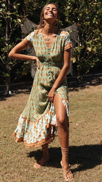 Green Floral Bohemia Button-Down Dress