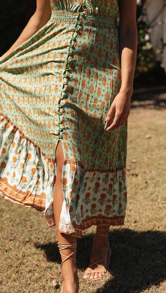 Green Floral Bohemia Button-Down Dress