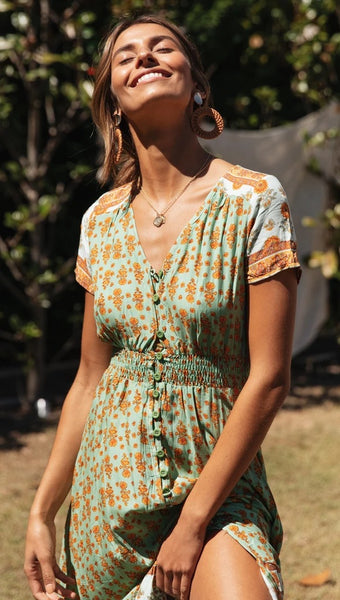 Green Floral Bohemia Button-Down Dress