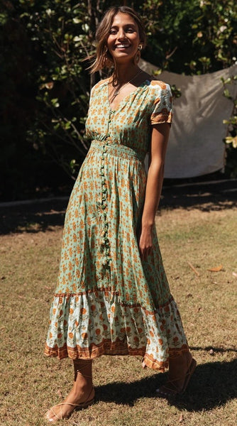 Green Floral Bohemia Button-Down Dress