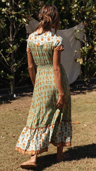 Green Floral Bohemia Button-Down Dress