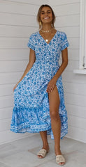Blue Floral Bohemia Button-Down Dress