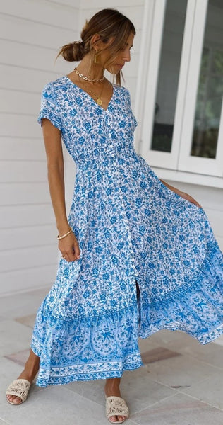 Blue Floral Bohemia Button-Down Dress