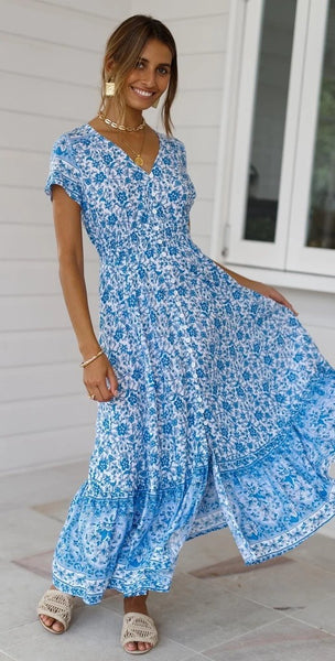 Blue Floral Bohemia Button-Down Dress