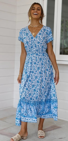 Blue Floral Bohemia Button-Down Dress