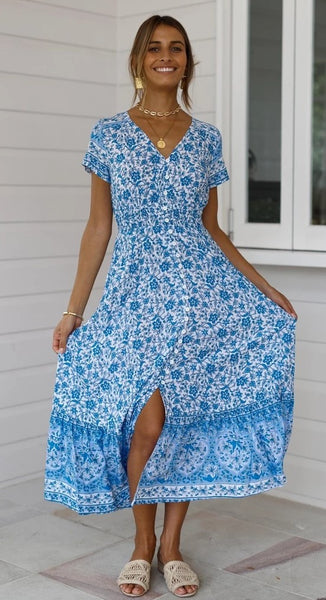 Blue Floral Bohemia Button-Down Dress