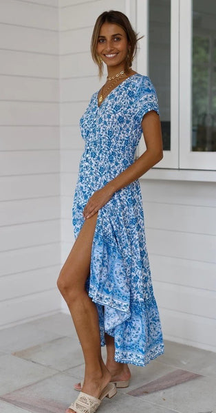 Blue Floral Bohemia Button-Down Dress