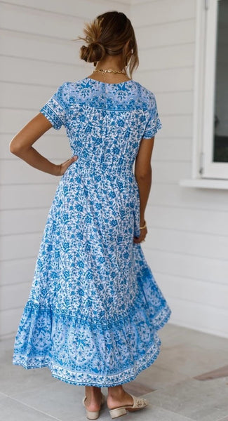 Blue Floral Bohemia Button-Down Dress