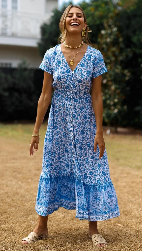 Blue Floral Bohemia Button-Down Dress