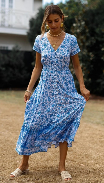 Blue Floral Bohemia Button-Down Dress