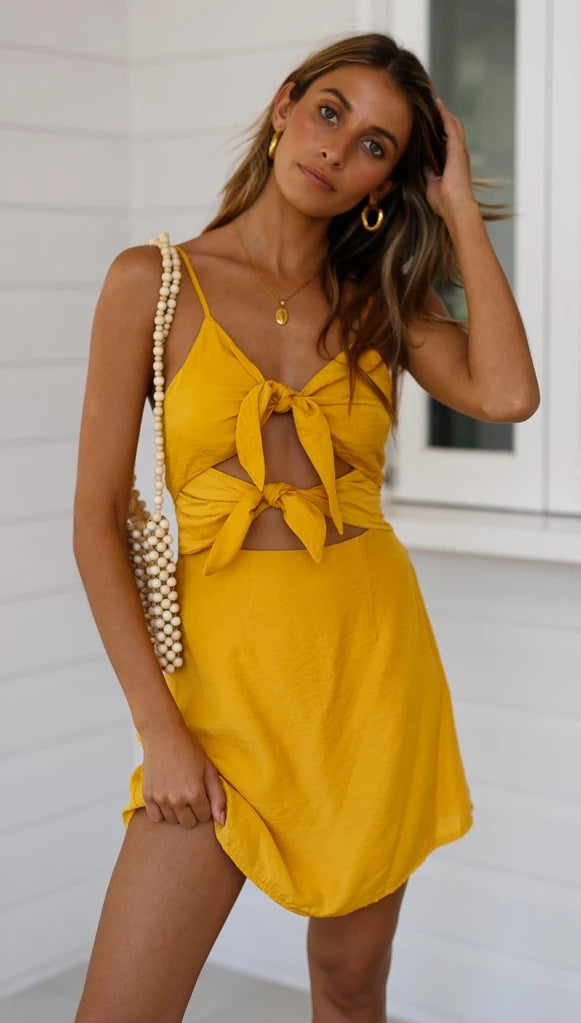Yellow Double Bowknot Mini Dress