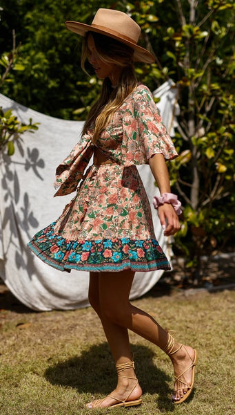 Coral Retro Floral Front Knot Dress