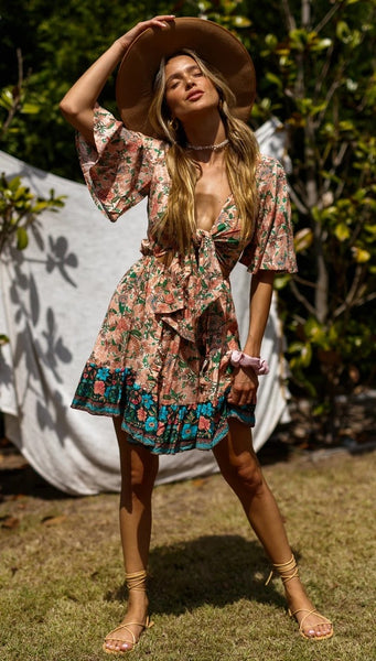 Coral Retro Floral Front Knot Dress