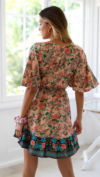 Coral Retro Floral Front Knot Dress