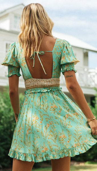 Green Wheat Print Backless Dress