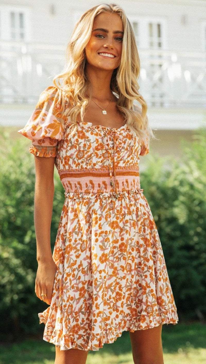 Orange Floral Print Backless Dress