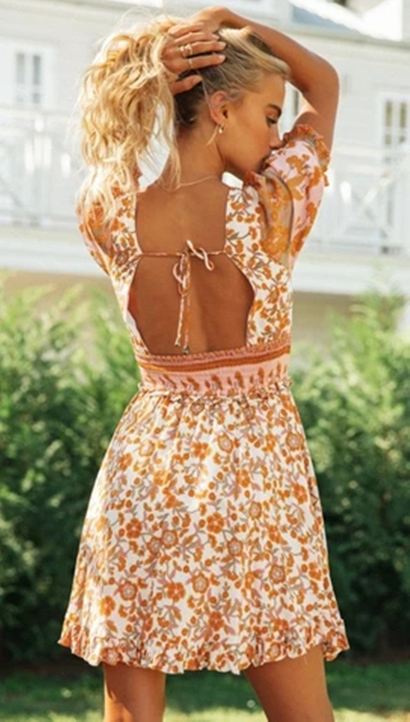 Orange Floral Print Backless Dress