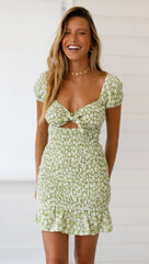 Green Floral Smocked Bodycon Dress