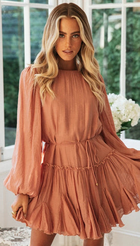 Coral Pink Linen Long Sleeve Dress