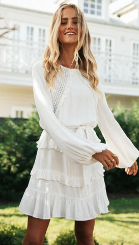 White Flounce Long Sleeve Dress