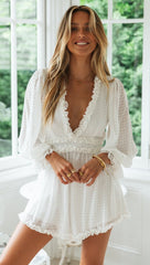 White Plunging Long Sleeve Rompers