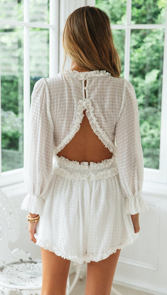 White Plunging Long Sleeve Rompers