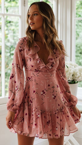 Pink Floral Lace Up Dress