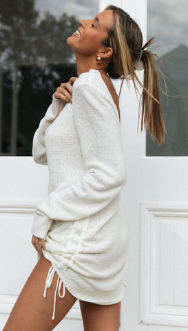 White Scoop Neck Knit Dress