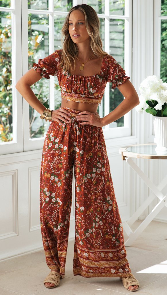 Coffee Floral Crop Top and Pants Matching Sets