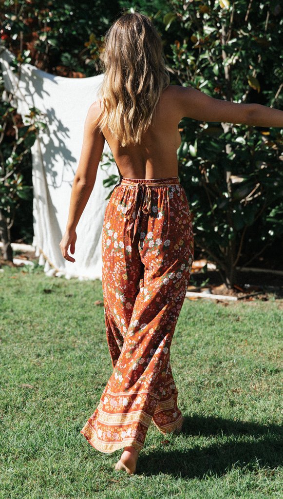Coffee Floral Crop Top and Pants Matching Sets