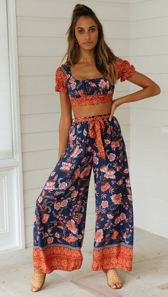 Navy Floral Crop Top and Pants Matching Sets