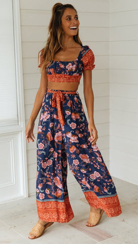 Navy Floral Crop Top and Pants Matching Sets