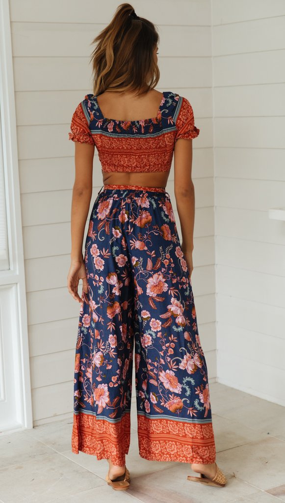 Navy Floral Crop Top and Pants Matching Sets