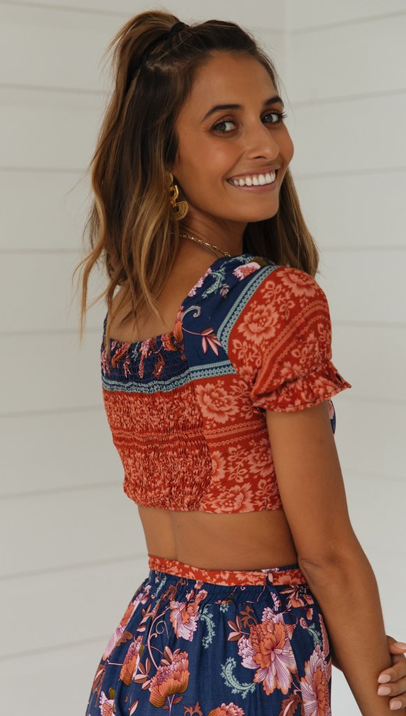 Navy Floral Crop Top and Pants Matching Sets