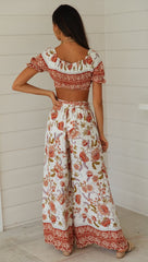 White Floral Crop Top and Pants Matching Sets