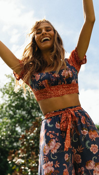 Navy Floral Crop Top and Pants Matching Sets