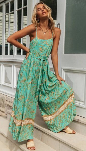 Teal Leavy Print Cami Jumpsuit