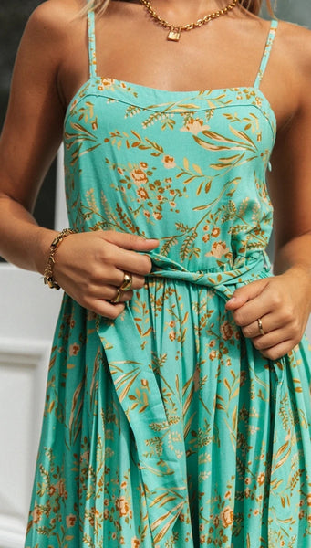 Teal Leavy Print Cami Jumpsuit