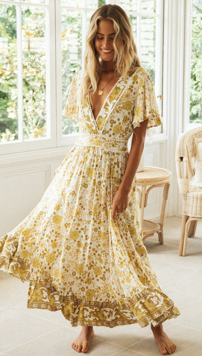 Yellow Floral Bohemia V-Neck Dress