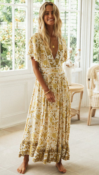 Yellow Floral Bohemia V-Neck Dress