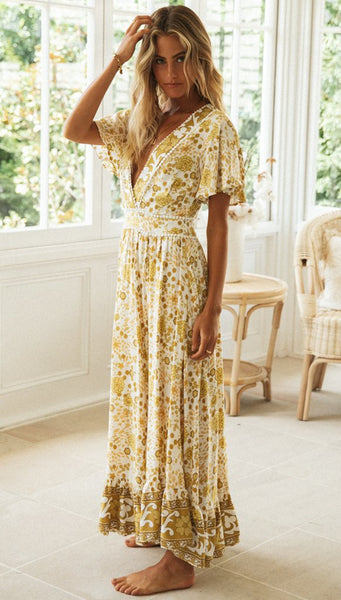 Yellow Floral Bohemia V-Neck Dress