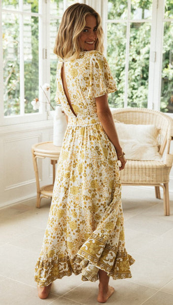 Yellow Floral Bohemia V-Neck Dress