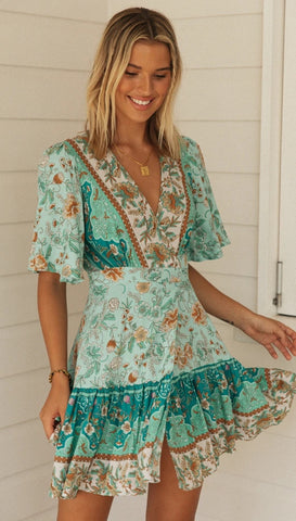 Aqua Floral Surplice Boho Dress