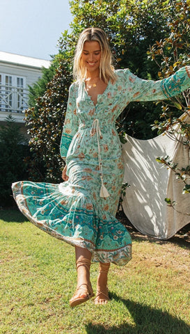 Aqua Boho Floral Long Sleeves Dress