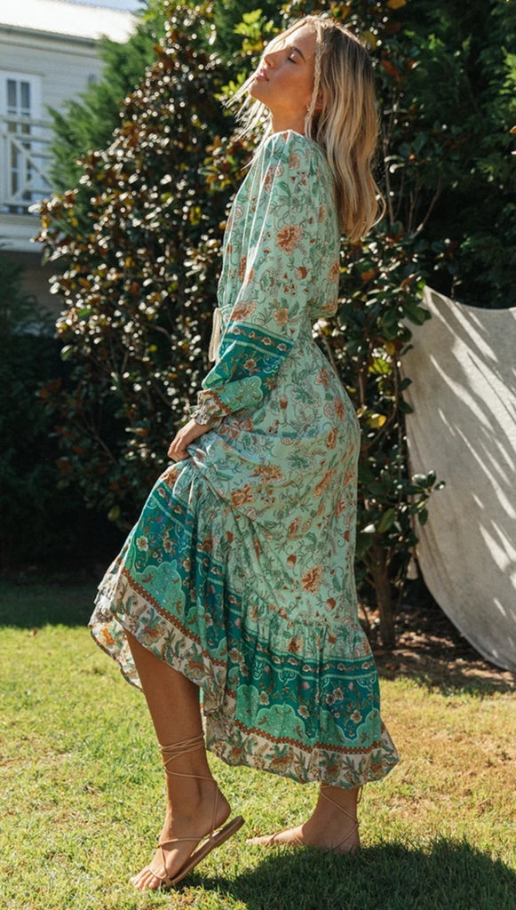Aqua Boho Floral Long Sleeves Dress Gabi Swimwear Aqua Boho Floral Long Sleeves Dress Gabi Swimwear