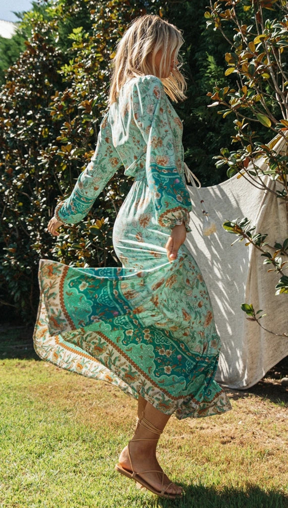 Aqua Boho Floral Long Sleeves Dress Gabi Swimwear Aqua Boho Floral Long Sleeves Dress Gabi Swimwear