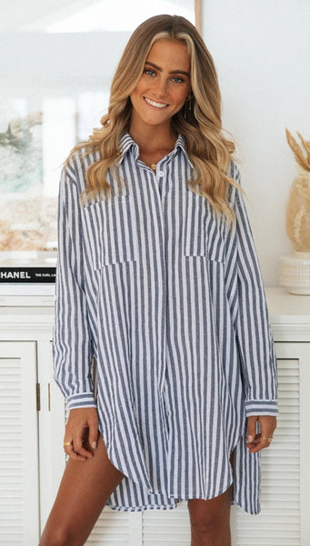 Blue Striped Button Down Side Slits Shirt