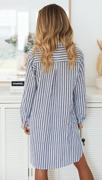 Blue Striped Button Down Side Slits Shirt