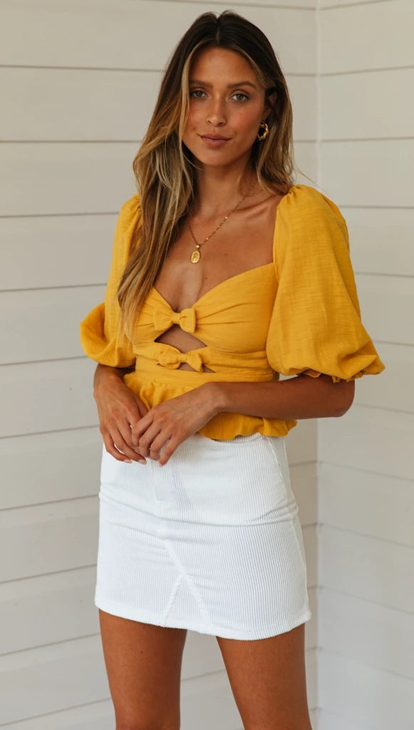 Yellow Double-Bowknot Crop Top